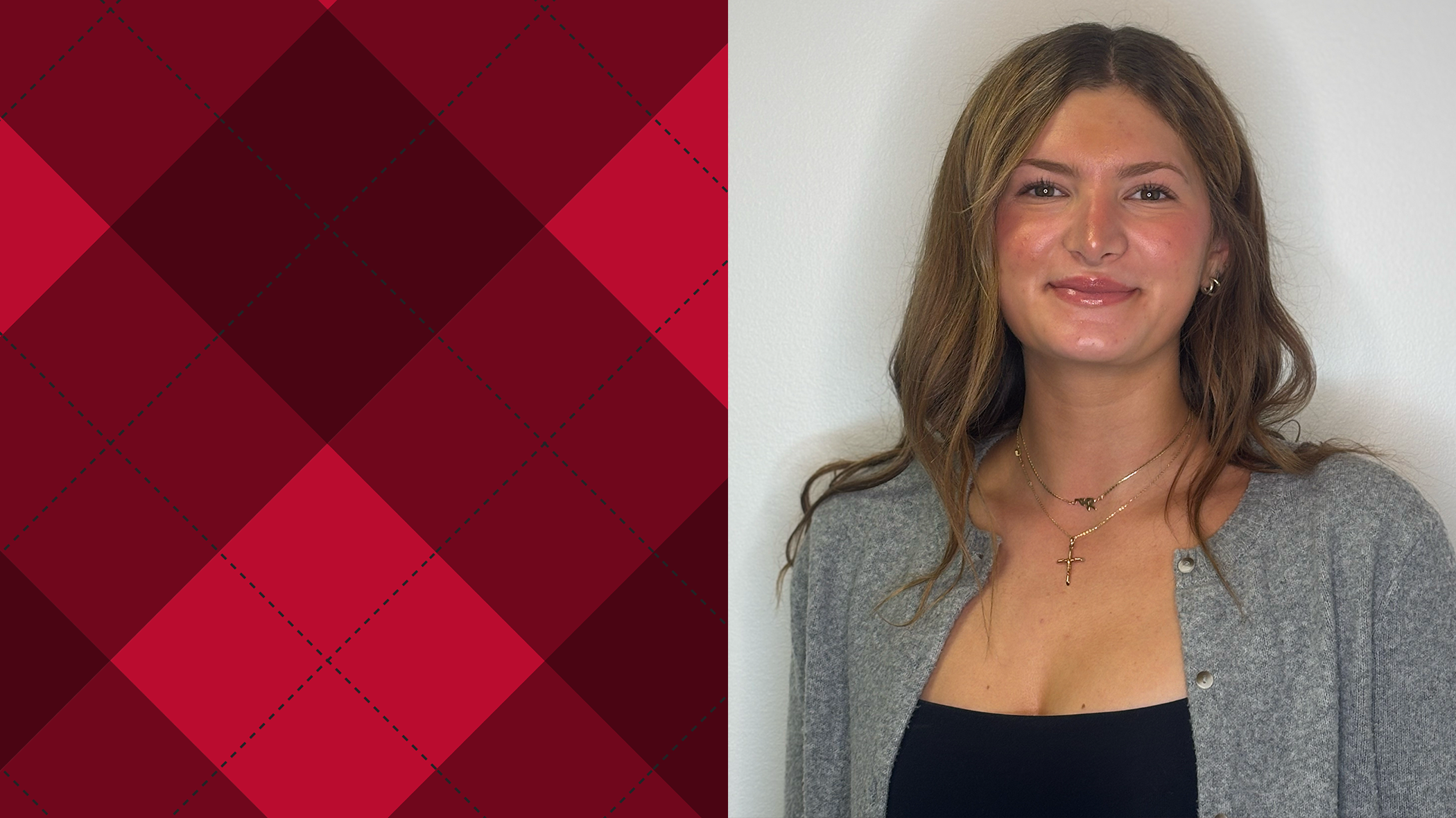 Claire Khoury portrait and Ohio State argyle pattern