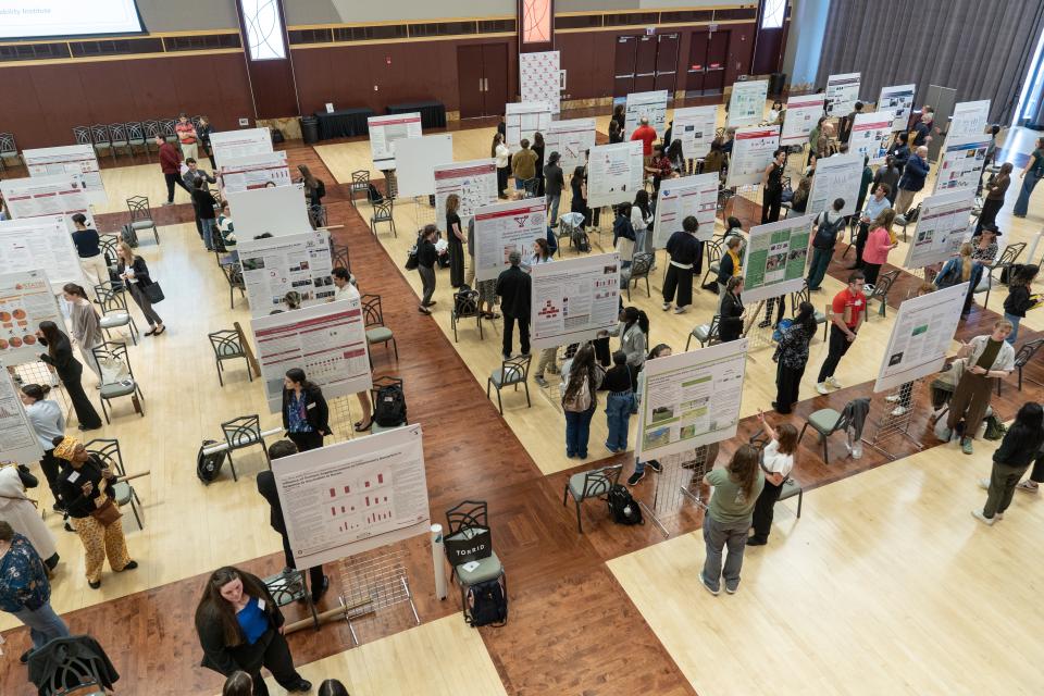 Large room filled with student researchers presenting work to attendees