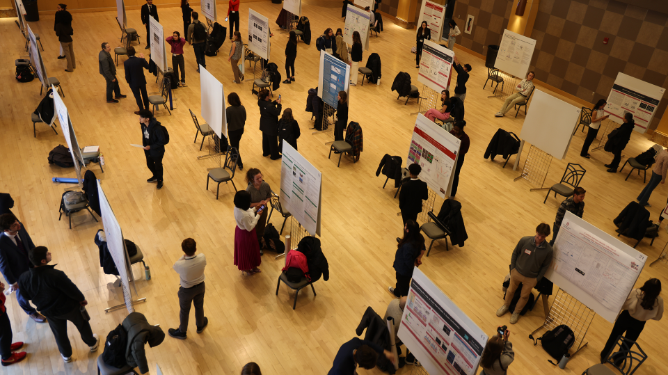 Spring Undergraduate Research Festival shows students presenting research on posters across large room