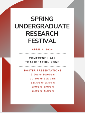 Spring Undergraduate Research Festival Program Brochure Image. The event will be held April 4, 2024 with 5 poster sessions from 9:00am - 4:30pm in Pomerene Hall